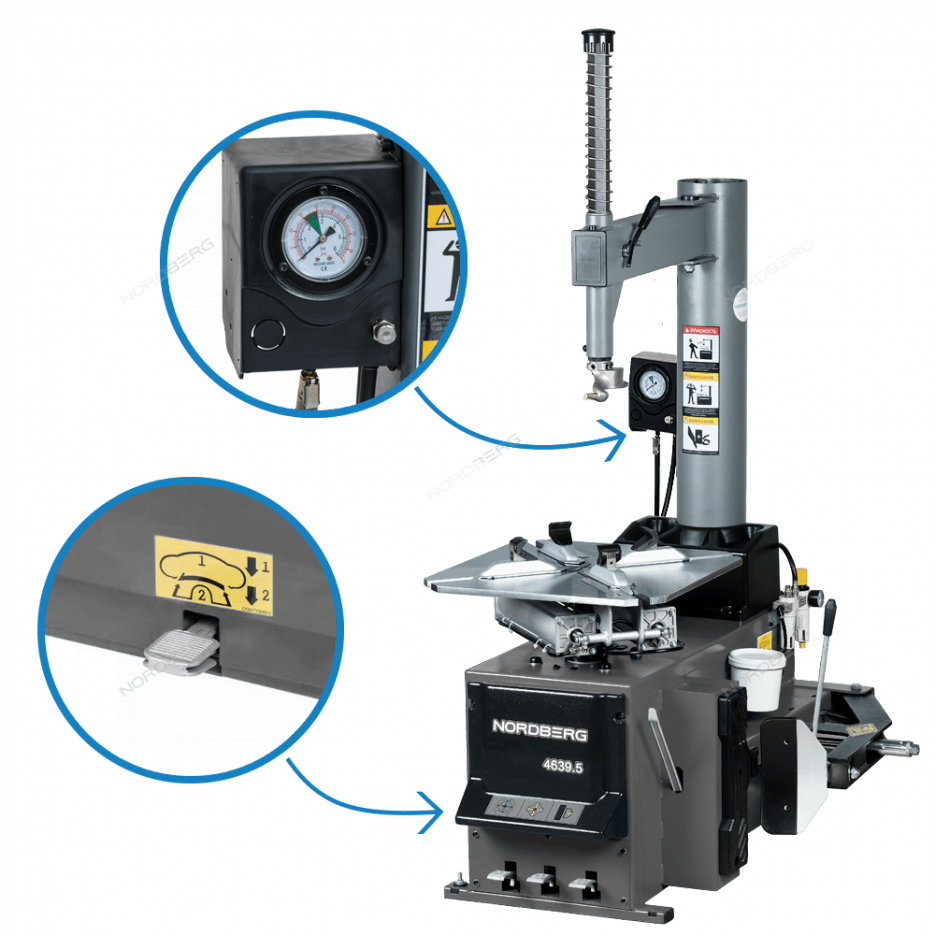 Полуавтоматический шиномонтажный станок NORDBERG 4639,5ID, 2 скорости, подкачка педалью, зажимы 13-26&quot;, усиленный отжим, 380 В (Серый)